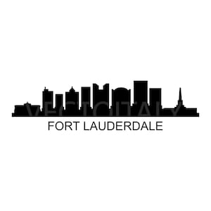 Puede incluir: Silueta en blanco y negro del horizonte de Fort Lauderdale, mostrando los edificios más altos de la ciudad.