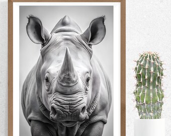 Rhino Wall Art Print, Safari Nursery Decor, African Animal, Large Printable Poster, Digital Download, Black and White, Modern Minimalist