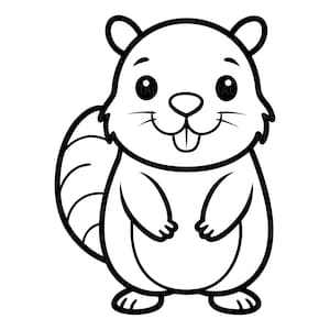 May include: A black and white line art illustration of a cartoon beaver standing upright. The beaver has a rounded head, small ears, large eyes, a wide nose, and a small tongue sticking out. It features a thick, segmented tail and small paws.