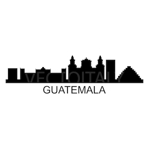 May include: Black and white silhouette of the Guatemala City skyline, featuring several buildings and a pyramid. The text "GUATEMALA" is below the skyline.