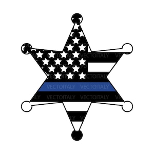 May include: A black and white sheriff's badge with a blue line, star shape, and white stars. The badge has a design that resembles the American flag. The text "VECTOITALY" is printed on the badge.