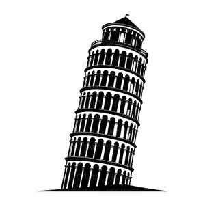 Può includere: Illustrazione in bianco e nero della Torre di Pisa. La torre è raffigurata angolata, con le sue iconiche finestre ad arco e i suoi molteplici livelli. È un famoso monumento italiano.