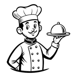 May include: A black and white line art illustration of a chef wearing a tall toque and a double-breasted jacket with buttons. The chef is smiling and holding a round serving tray with a domed food cover lid in one hand, facing forward.