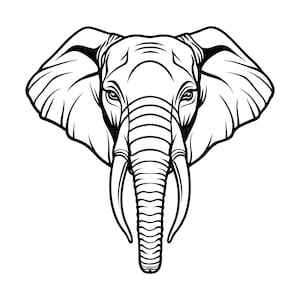 May include: A monochrome illustration of an elephant's head, viewed from the front. The elephant features large ears, detailed eyes, and prominent tusks. The image is a detailed line drawing, suitable for various uses.