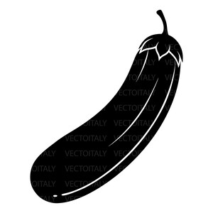 May include: A solid black silhouette of an eggplant, depicted in a stylized graphic format. The vegetable features a curved, elongated body with a distinct stem and leafy calyx at the top, rendered with clean, bold lines against a plain background.