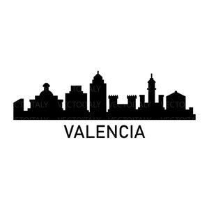 Puede incluir: Silueta en blanco y negro del horizonte de Valencia, España. El horizonte presenta varios edificios, incluyendo una torre alta y una iglesia con una cúpula. El texto "VALENCIA" está escrito debajo del horizonte.