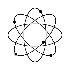 May include: A black and white illustration of an atom with a nucleus and orbiting electrons.