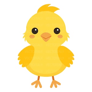 Può includere: Un'illustrazione di un pulcino giallo con un corpo arrotondato, un piccolo becco arancione e grandi occhi neri. Il personaggio ha un ciuffo di piume sulla testa, due piccole ali e due zampe arancioni. Il design include guance rosa circolari.