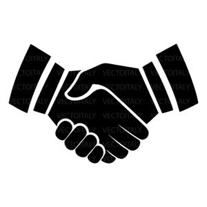 Könnte beinhalten: Schwarz-weiße grafische Illustration eines Händedrucks. Das Bild zeigt zwei Hände, die sich zu einem Handschlag vereinen, ein Symbol für Einigkeit oder Zusammenarbeit. Das Design ist einfach, mit den Händen in Schwarz auf weißem Hintergrund.