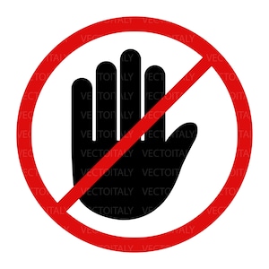 Puede incluir: Un símbolo de prohibido tocar, que muestra una silueta de mano negra dentro de un círculo rojo con una línea diagonal roja. Fondo blanco.