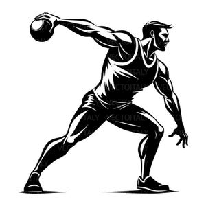 Può includere: Illustrazione in bianco e nero di un lanciatore di disco in azione. L'atleta è raffigurato a metà lancio, con il disco in mano e il corpo inclinato per la massima potenza. L'immagine è una grafica vettoriale, con linee audaci e una posa dinamica.