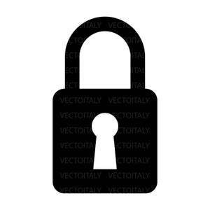 May include: A black padlock illustration with a white keyhole and a white arched handle. The word "VECTOITALY" is repeated in a pattern on the padlock.
