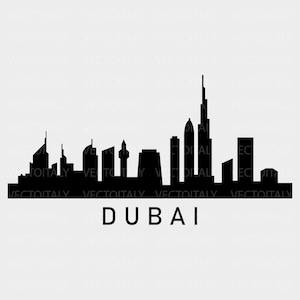 Può includere: Silhouette in bianco e nero dello skyline di Dubai, con il Burj Khalifa e altri grattacieli. Il testo "DUBAI" è sotto lo skyline.