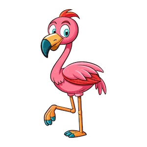 Può includere: Illustrazione di un cartone animato di un fenicottero. Il fenicottero è rosa con una cresta rossa, zampe arancioni e un becco blu e arancione. È in piedi su una gamba, con l'altra sollevata.
