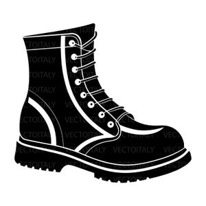 Può includere: Illustrazione in bianco e nero di uno stivale da combattimento. Lo stivale presenta una caviglia alta, un design allacciato con più occhielli e una suola robusta. Gli accenti bianchi evidenziano il design dello stivale.