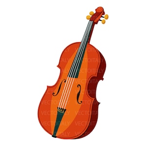 May include: A stylized illustration of a cello featuring a warm orange-brown wooden body, a dark fingerboard, four strings, and four tuning pegs at the top. The instrument is depicted with a smooth finish and clear, defined structural lines.