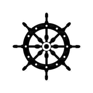 May include: Black and white silhouette of a ship's wheel with eight spokes.