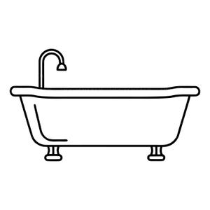 Può includere: Un'illustrazione in bianco e nero a linee di una classica vasca da bagno con piedini. La vasca presenta un bordo curvo, un rubinetto singolo montato sul lato sinistro e quattro piedini distinti che sostengono la base, in stile grafico.