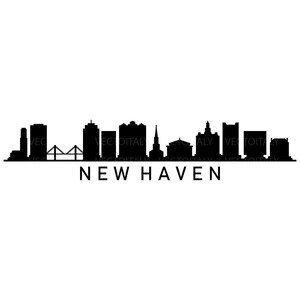 Pode incluir: Silhueta a preto e branco do horizonte de New Haven, Connecticut. A imagem apresenta vários edifícios, uma ponte e uma igreja, com o nome da cidade impresso abaixo.