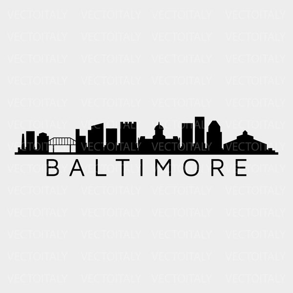 Baltimore skyline illustrated in vector and available in SVG, Eps, JPG, Png and PDF format and available for instant download
