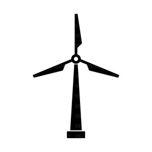Può includere: Silhouette nera di un aerogeneratore con tre pale. L'aerogeneratore è su un'alta torre con una base.