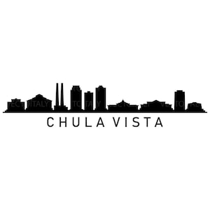 Può includere: Silhouette nera dello skyline di Chula Vista su sfondo bianco. Il nome della città è stampato in grassetto, con un carattere sans-serif sottostante. L'immagine presenta varie forme di edifici.