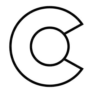 May include: A black and white graphic illustration of a stylized letter C. The letter is formed by a thick black outline, with a circular shape inside the C. Two straight lines extend from the C.