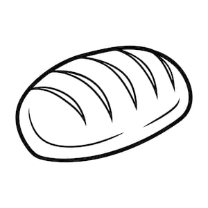 Op de afbeelding: Een zwart-wit illustratie van een brood. Het brood heeft een afgeronde vorm met verschillende gebogen sneden over de bovenkant. De afbeelding is een eenvoudige, grafische weergave van een gebakken brood.