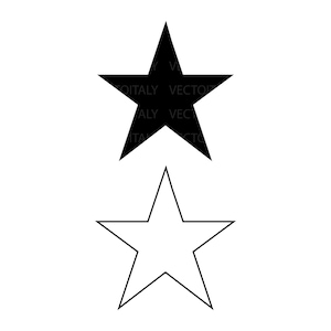 May include: Two star shapes, one solid black and one outlined in black, are displayed against a white background. The solid star is filled in, while the other is an outline, both with five points.