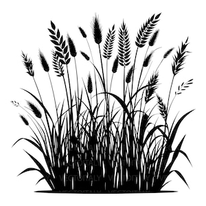 Pode incluir: Uma ilustração em silhueta preta de um grupo denso de caules de trigo e ervas selvagens. O gráfico apresenta espigas de grãos de várias alturas e lâminas de erva finas, criando um arranjo orgânico e texturizado num fundo branco.