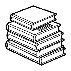 Può includere: Una pila di quattro libri rettangolari illustrati in uno stile a linee nere su sfondo bianco. I libri sono posizionati ad angolo, mostrando le copertine anteriori e i dorsi. Il libro in alto presenta un piccolo dettaglio rettangolare.