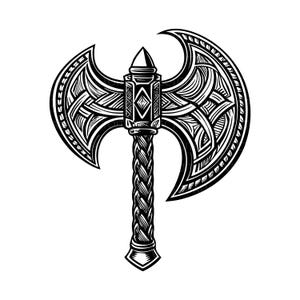 May include: A black and white illustration of a double-headed axe with a braided handle. The axe heads are decorated with intricate patterns.
