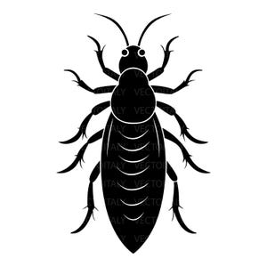 Può includere: Illustrazione vettoriale in bianco e nero di un insetto. L'insetto ha un corpo segmentato, sei zampe e antenne. L'immagine è un design grafico semplice, adatto a varie applicazioni.
