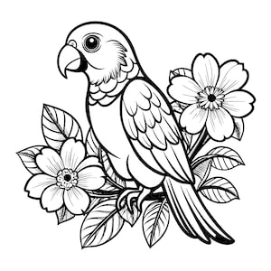 May include: A black and white line art illustration of a parrot perched among flowers and leaves. The bird is shown in profile with a curved beak and detailed plumage, surrounded by two large blossoms and several pointed leaves with veins.