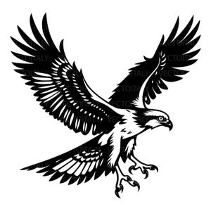 May include: A black and white illustration of an eagle in flight, wings spread wide. The eagle is depicted with detailed feathers and sharp talons, conveying a sense of power and freedom. The image is a vector graphic.