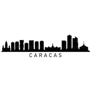 Puede incluir: Silueta en blanco y negro del horizonte de Caracas. La imagen presenta varias formas y alturas de edificios, con el nombre de la ciudad, "CARACAS", impreso en una fuente sencilla sin serifa debajo.
