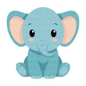 Può includere: Illustrazione di un cartone animato di un elefantino seduto. L'elefante è azzurro con grandi orecchie, una proboscide e piccole zanne. L'interno delle orecchie e le guance sono di colore pesca chiaro. L'elefante ha grandi occhi neri e sorride.