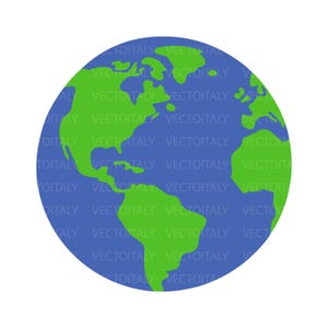 May include: A graphic illustration of Earth, featuring green continents and blue oceans. The continents are filled with the text "VECTOITALY". The globe is set against a white background, ideal for educational or design projects.