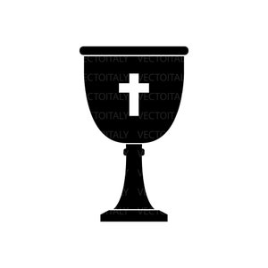 Può includere: Un calice nero con una croce bianca sul davanti. Il calice ha una coppa larga, uno stelo sottile e una base quadrata. È un'illustrazione grafica semplice.