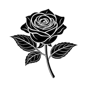 May include: A black and white illustration of a rose. The rose is in full bloom, with detailed petals and leaves. The image is a vector graphic, with clean lines and a minimalist style. The rose is the central focus, set against a white background.