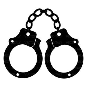 May include: Black silhouette of handcuffs with a chain connecting the two circular restraints. The image is a simple, graphic illustration, suitable for various design applications. The text "VECTOITALY" is repeated around the handcuffs.