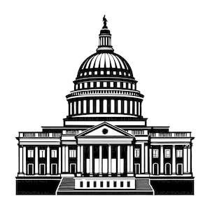 May include: Black and white vector illustration of the United States Capitol Building. The image features the iconic dome, columns, and architectural details of the building. The design is a simple, graphic representation suitable for various applications.