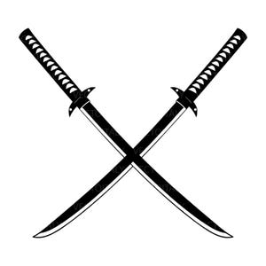 Può includere: Due spade katana nere incrociate su sfondo bianco. Le spade hanno lame curve e manici dettagliati. Illustrazione vettoriale.