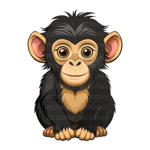 Può includere: Un'illustrazione digitale di un giovane scimpanzé con pelliccia nera, grandi occhi marroni e orecchie prominenti. Il primate ha viso, petto e mani color marrone chiaro ed è raffigurato in posizione seduta rivolto in avanti su sfondo bianco.