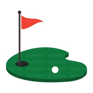 May include: A green golf course illustration with a black hole, a white golf ball, and a red flag on a black pole. The image has the text "VECTOITALY" repeated across the green surface.