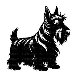 Könnte beinhalten: Schwarz-weiße Grafik eines Scottish Terrier-Hundes im Profil. Der Hund hat ein langes, zotteliges Fell, spitze Ohren und einen markanten Bart. Der Text "VECTOITALY" ist um den Hund herum wiederholt.