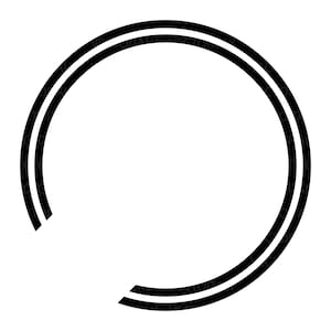 May include: A black double-lined circular design with a gap at the bottom and left side. The design is set against a white background. The lines are thick and evenly spaced, creating a bold graphic element.