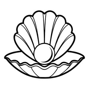 Può includere: Illustrazione in bianco e nero di una conchiglia aperta con una grande perla all'interno. Il guscio ha un bordo smerlato e linee dettagliate, creando un design classico ed elegante. La perla è rotonda e centrata.
