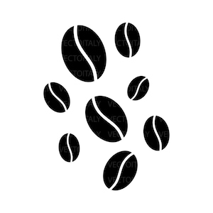 Könnte beinhalten: Eine Schwarzweißillustration von Kaffeebohnen, die auf einem weißen Hintergrund verstreut sind.