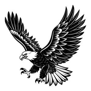 May include: Black and white illustration of a bald eagle with its wings spread wide. The eagle is in flight, with its head turned to the side and its talons extended.